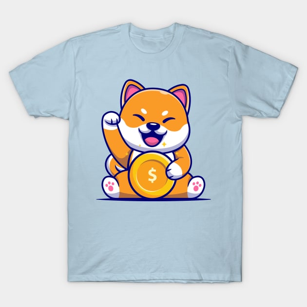 Cute Shiba Inu Dog With Gold Coin Cartoon T-Shirt by Catalyst Labs